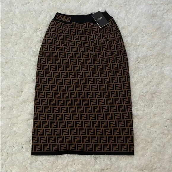 Fendi Brown & Black FF Logo Knit Pencil Skirt - Picture 3 of 9